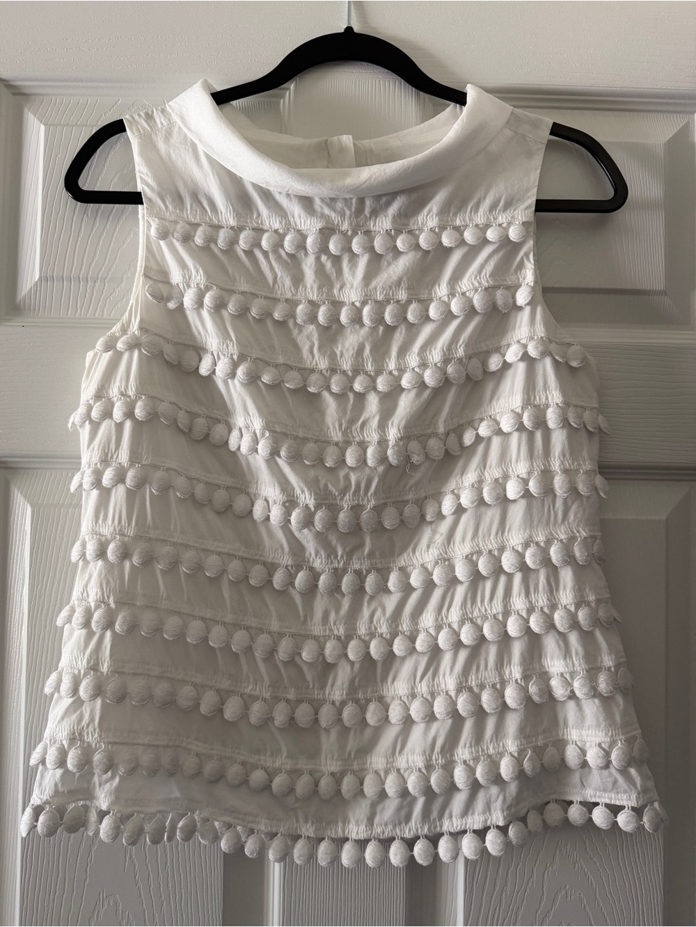 J. Crew White Mia Sleeveless Top with Pom-Pom Appliqué